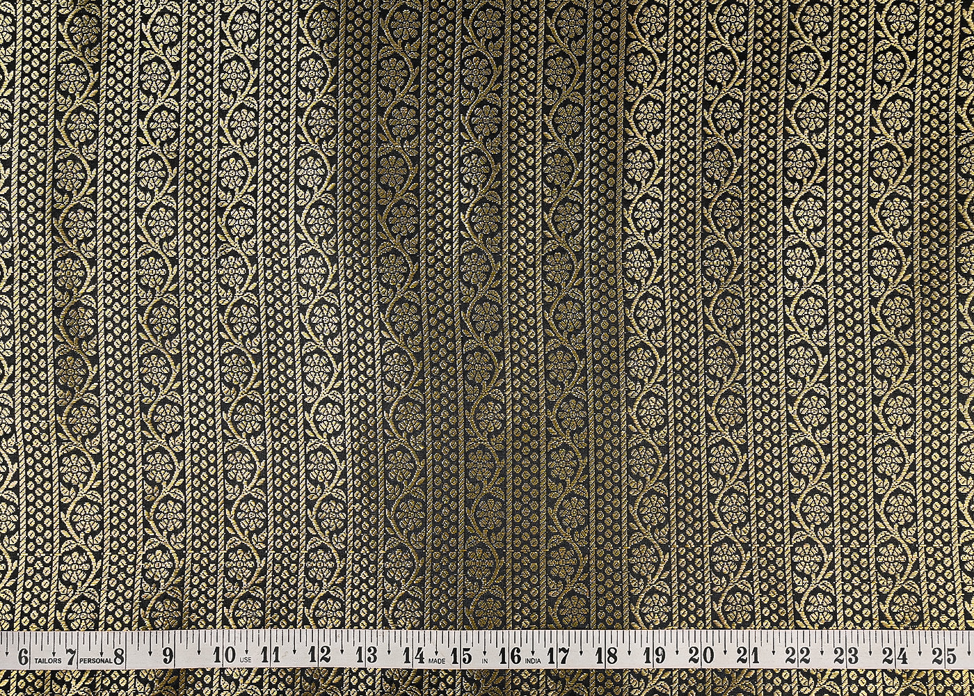 Black Banarasi Brocade Fabric With All Over Golden Zari Handloom 23419