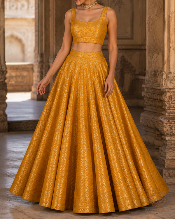 Mustard Banarasi Brocade Fabric With All Over Golden Zari Handloom 23421