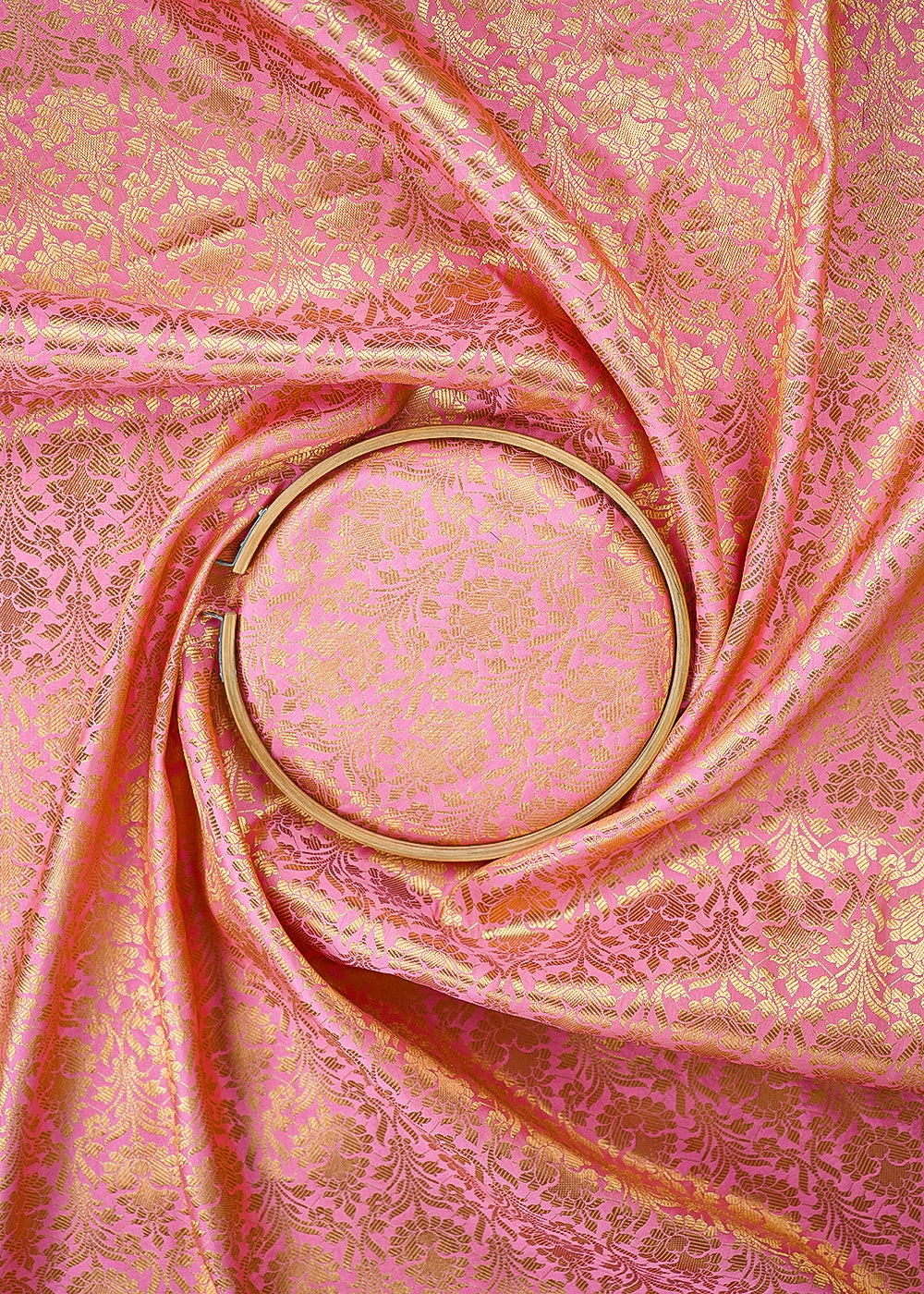 Light Pink Banarasi Brocade Fabric With All Over Golden Zari Handloom 26432