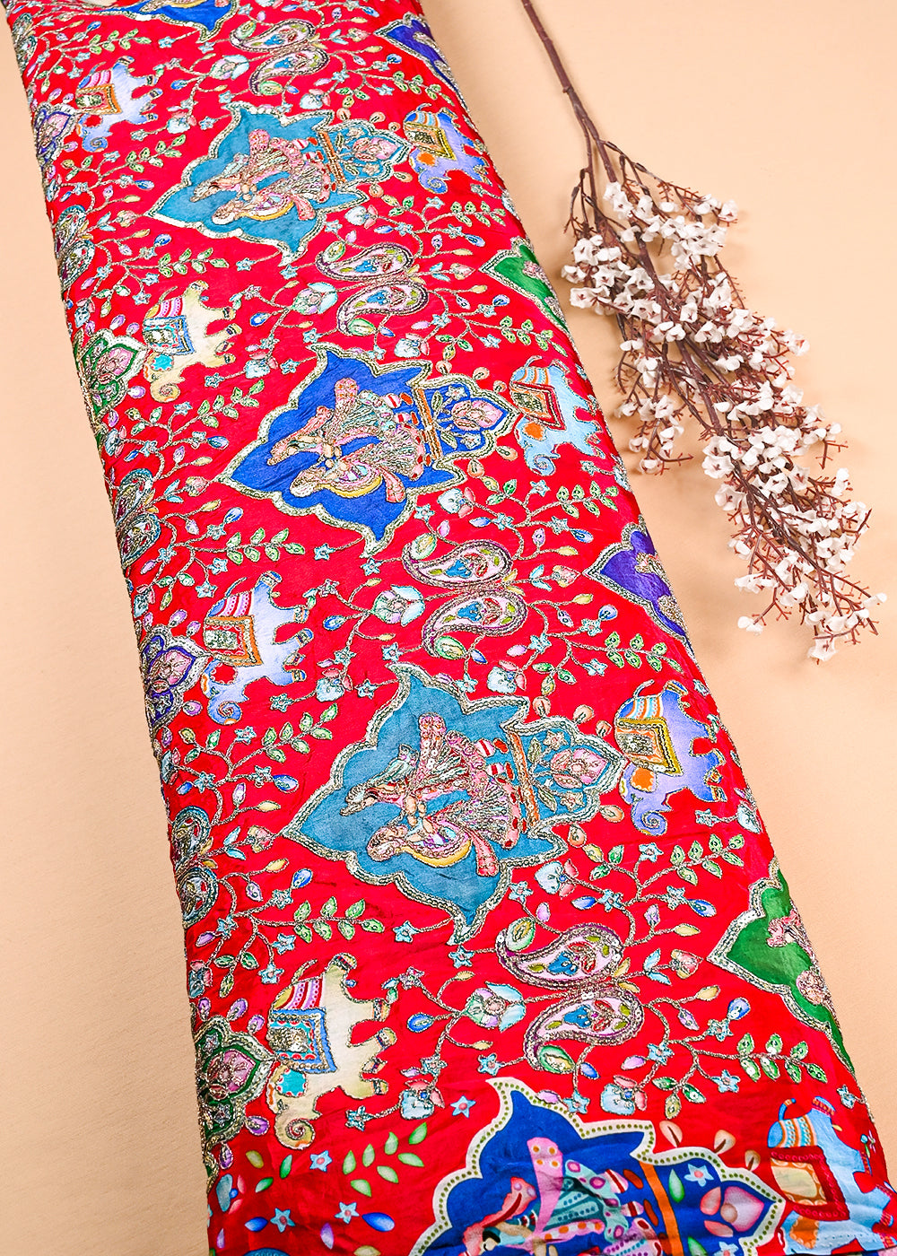 Red Crepe Fabric With All Over Zari And Sequins Work 23435