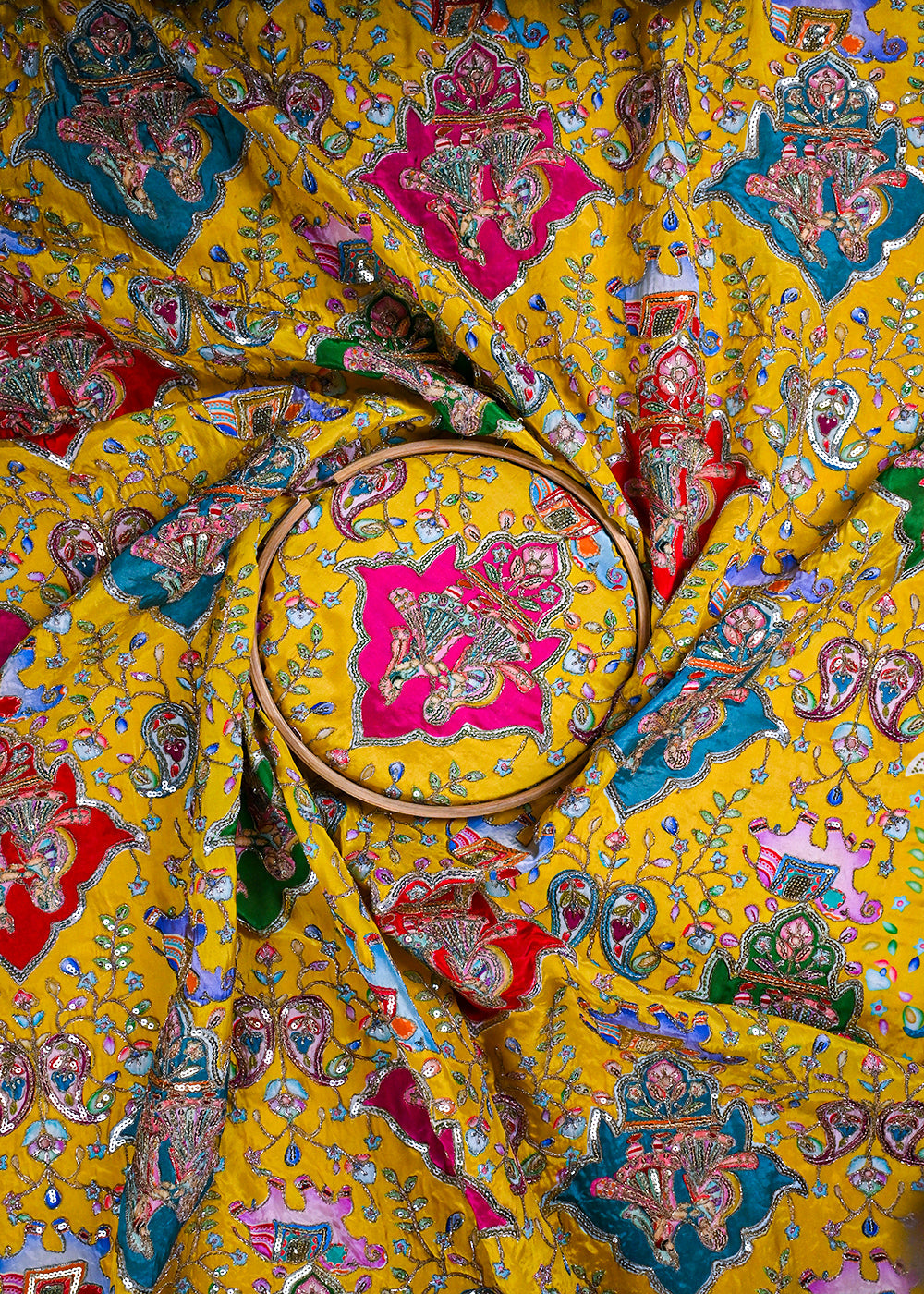 Yellow Crepe Fabric With All Over Zari And Sequins Work 23436