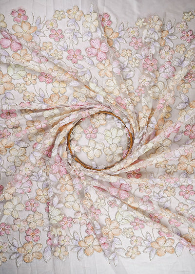 White Imported Net Fabric With All Over Bead And Ribbon Work 23443