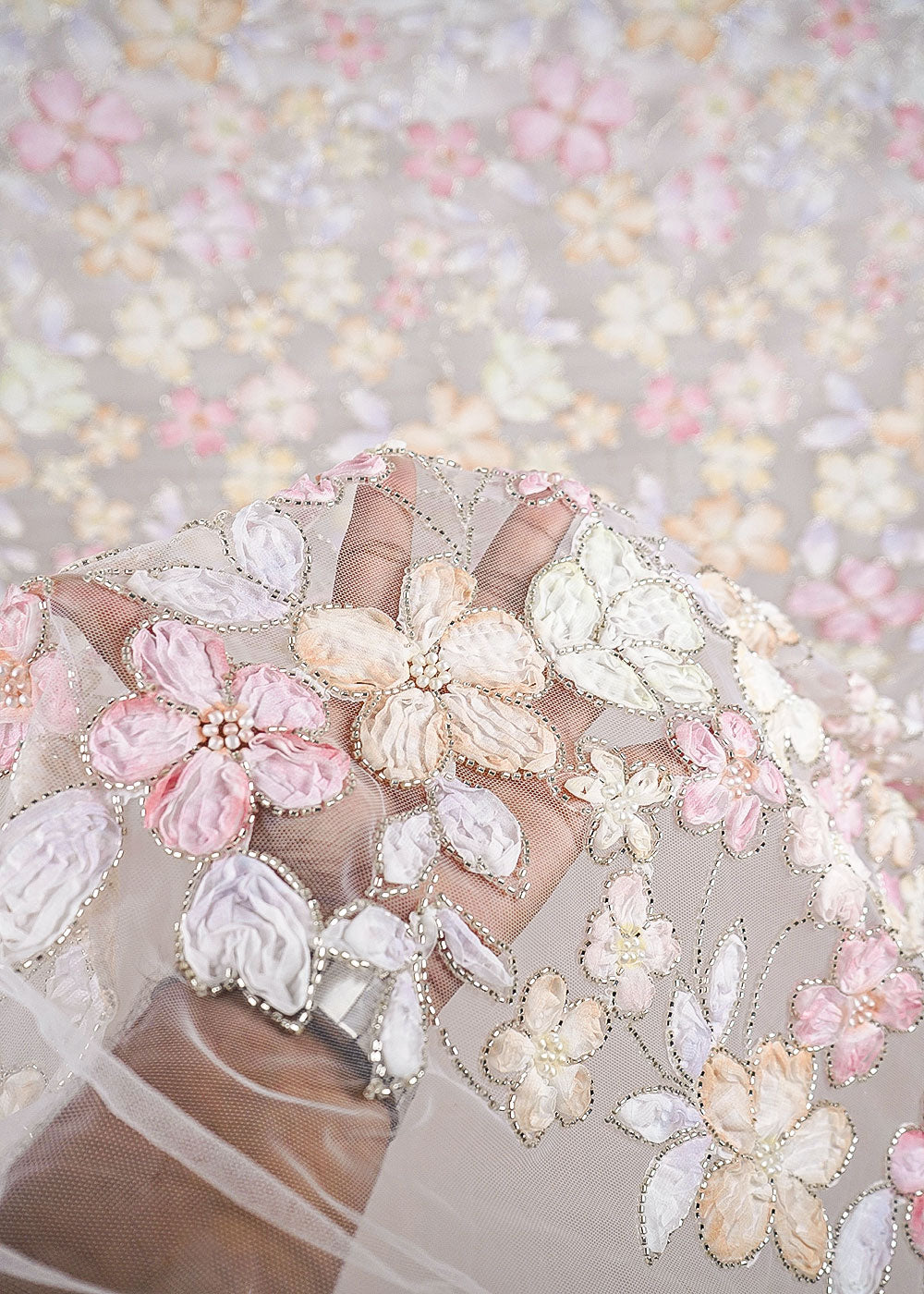 White Net Fabric With All Over Bead And Ribbon Work 23443