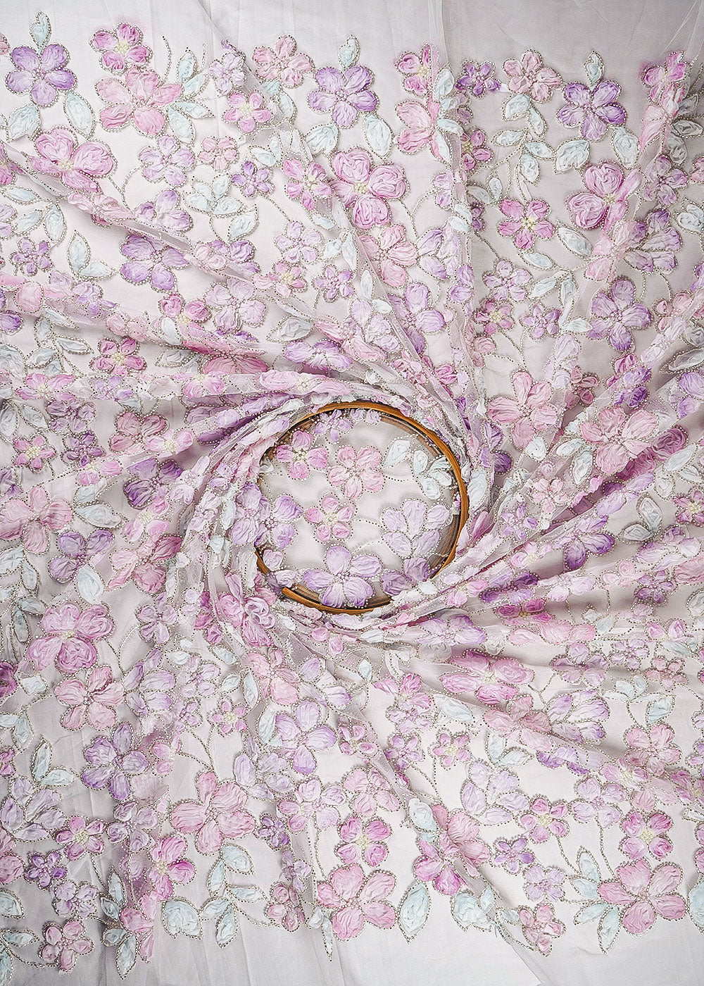 White Net Fabric With All Over Bead And Ribbon Work 23444