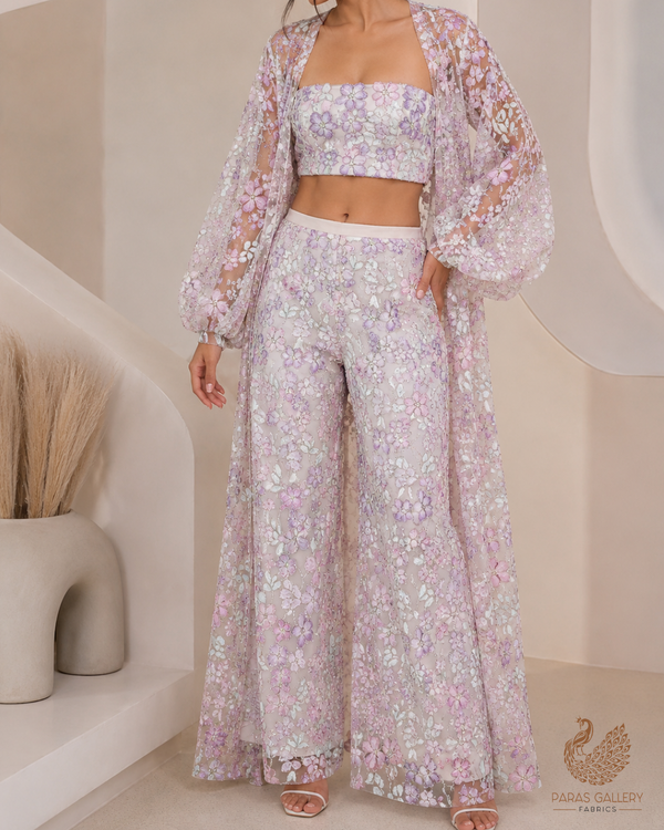 White Imported Net Fabric With All Over Bead And Ribbon Work 23444