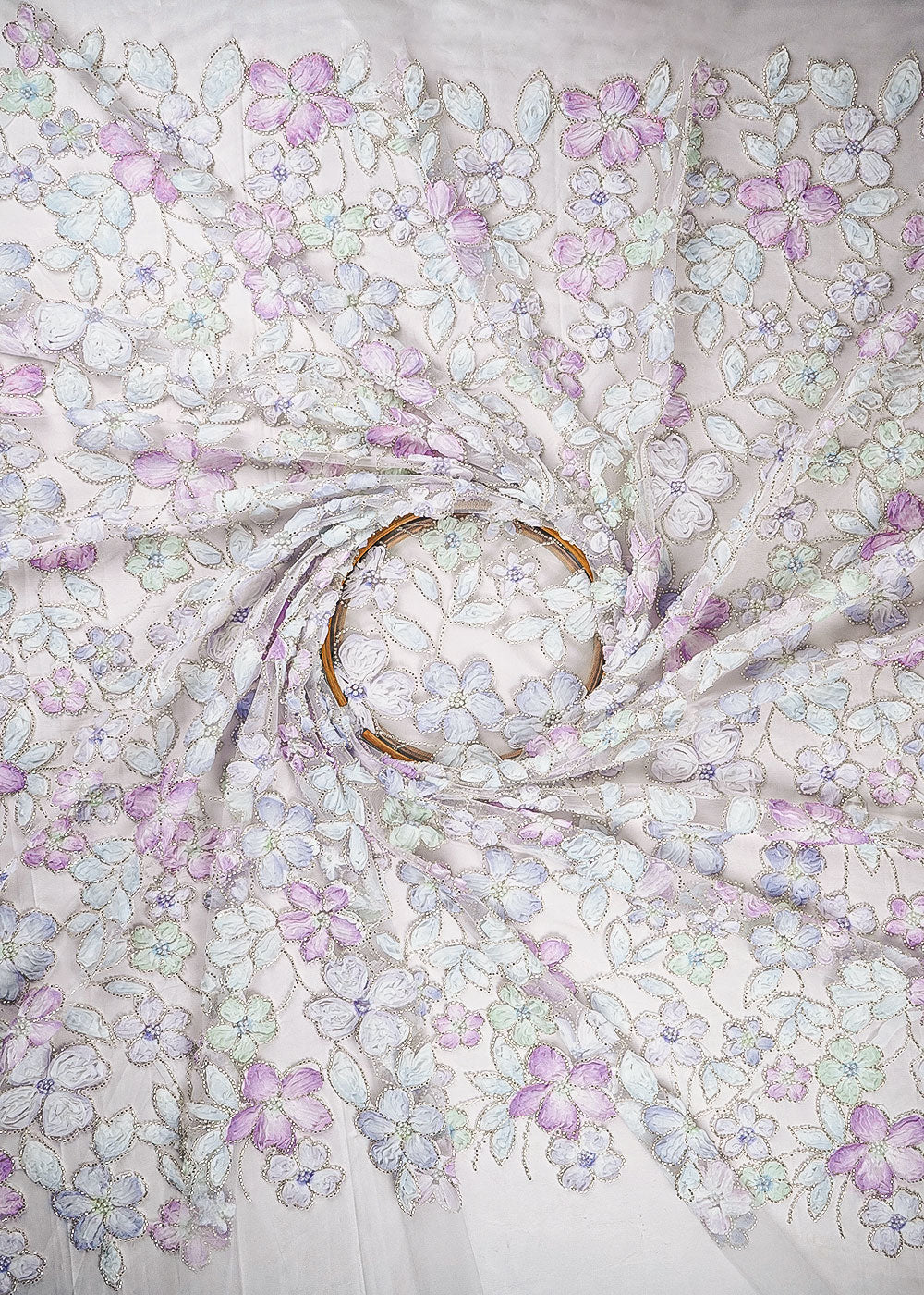 White Net Fabric With All Over Bead And Ribbon Work 23445