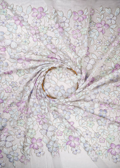 White Imported Net Fabric With All Over Bead And Ribbon Work 23445