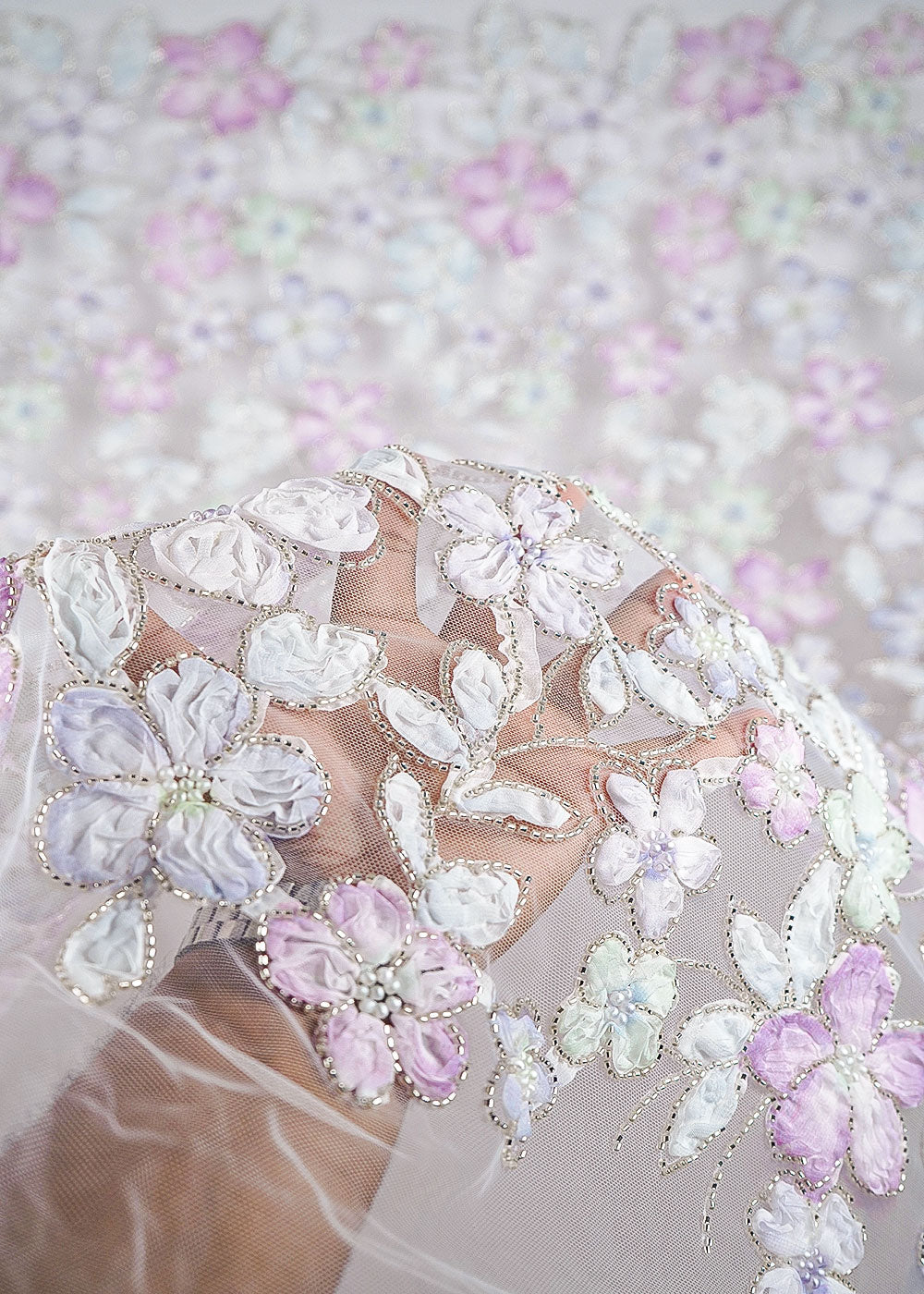 White Net Fabric With All Over Bead And Ribbon Work 23445