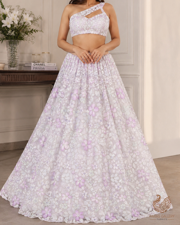 White Imported Net Fabric With All Over Bead And Ribbon Work 23445