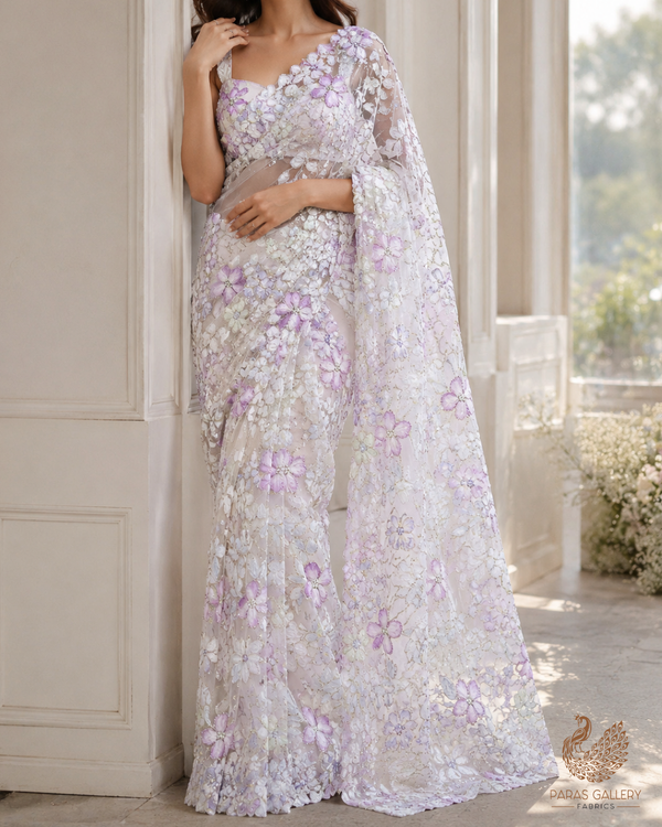 White Imported Net Fabric With All Over Bead And Ribbon Work 23445