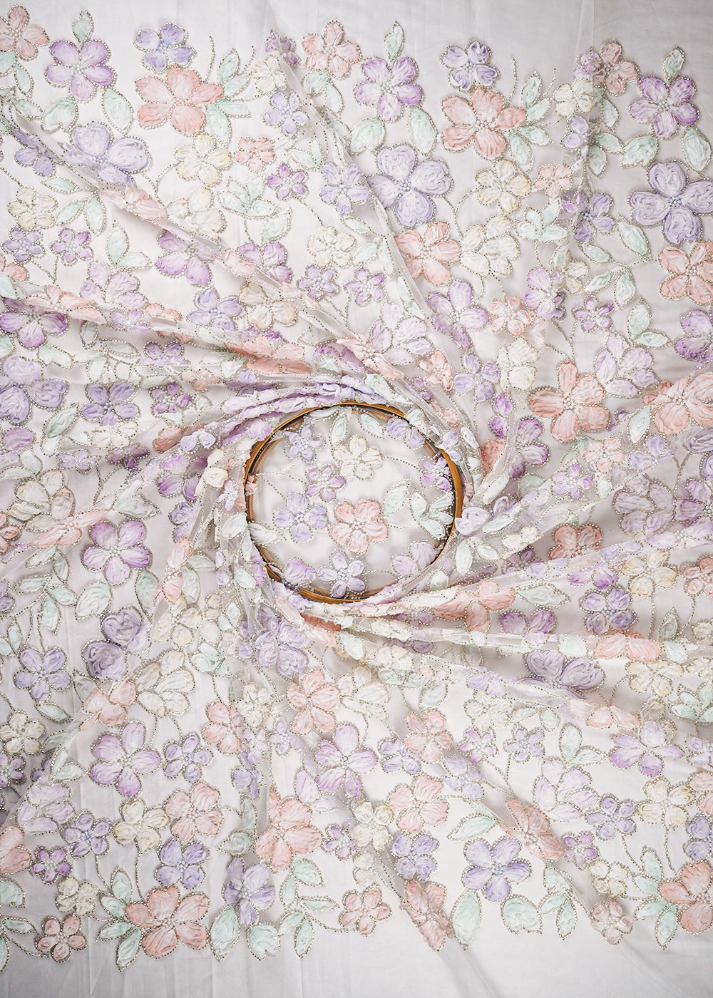 White Net Fabric With All Over Bead And Ribbon Work 23448