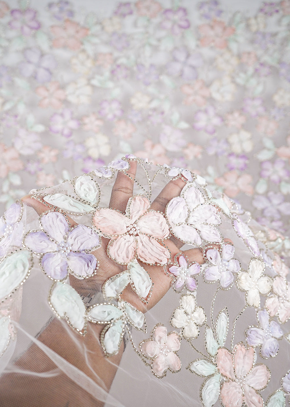 White Net Fabric With All Over Bead And Ribbon Work 23448