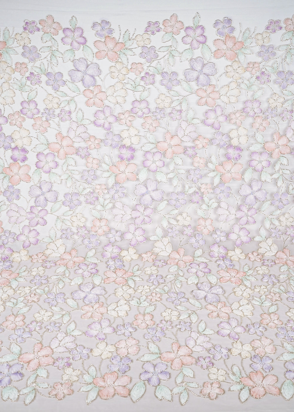 White Net Fabric With All Over Bead And Ribbon Work 23448