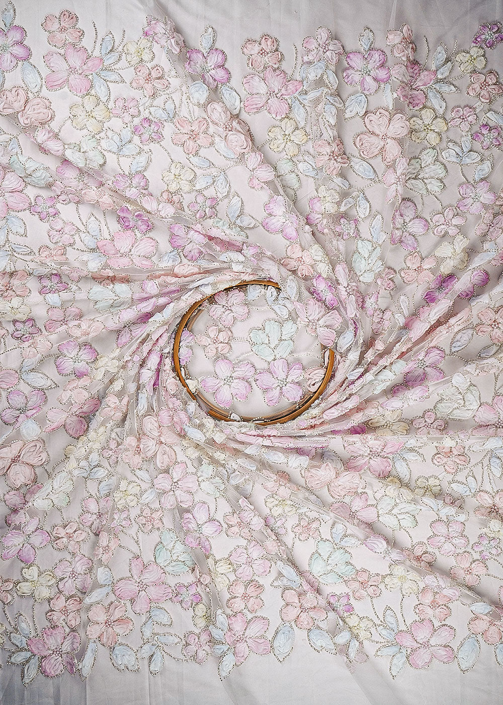 White Net Fabric With All Over Bead And Ribbon Work 23449