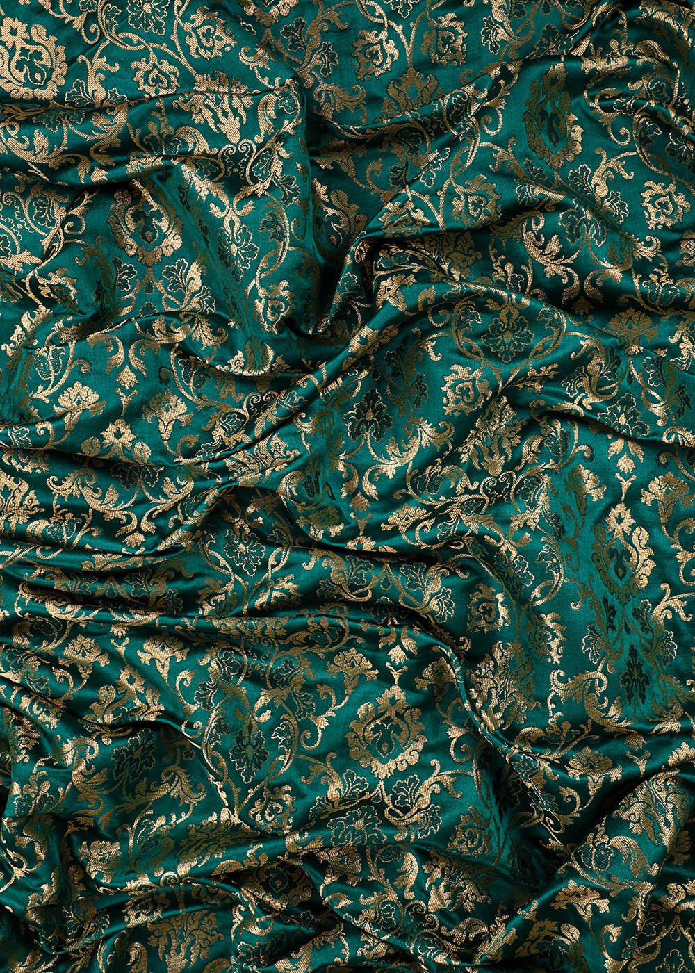 Teal Green Banarasi Brocade Fabric With All Over Golden Zari Handloom 23461