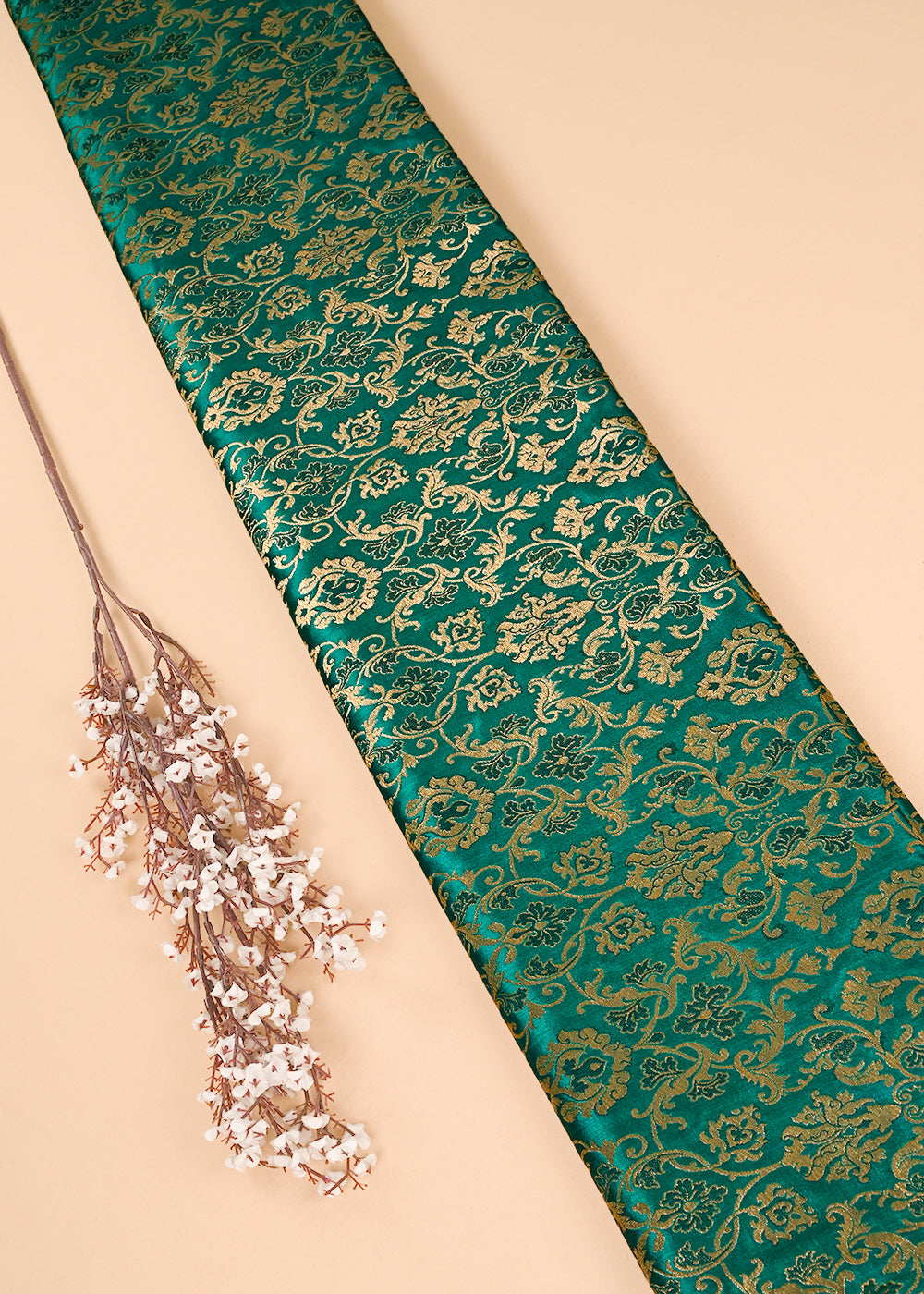 Teal Green Banarasi Brocade Fabric With All Over Golden Zari Handloom 23461