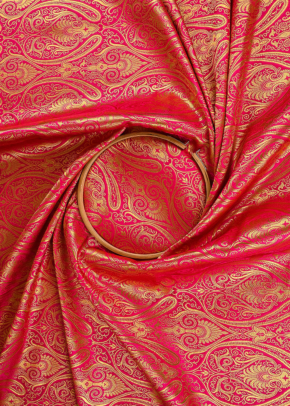Rani Pink Banarasi Brocade Fabric With All Over Golden Zari Handloom 23462