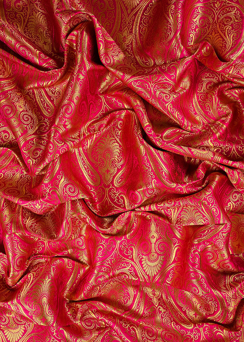 Rani Pink Banarasi Brocade Fabric With All Over Golden Zari Handloom 23462