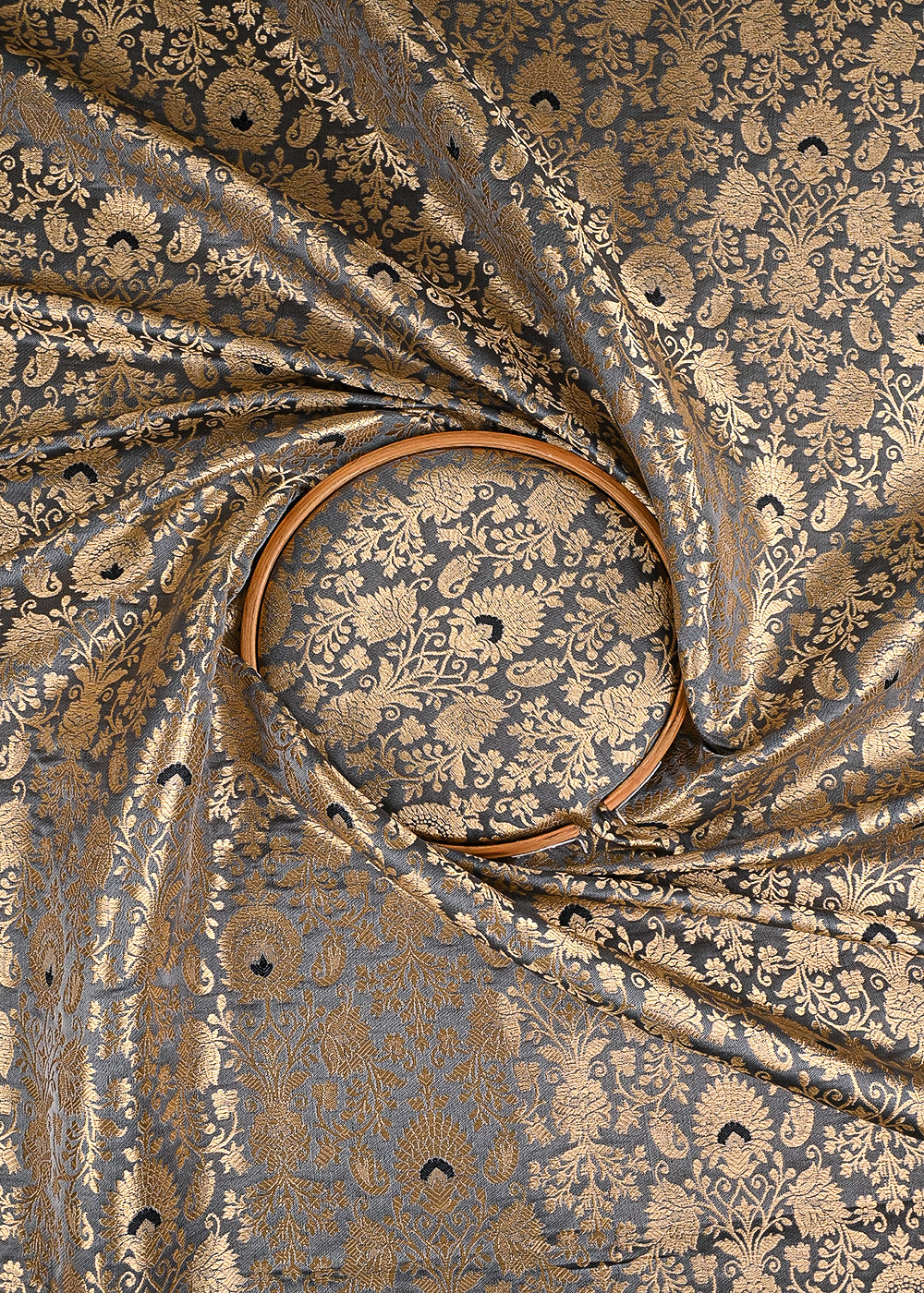 Grey Banarasi Brocade Fabric With All Over Golden Zari Handloom 23465