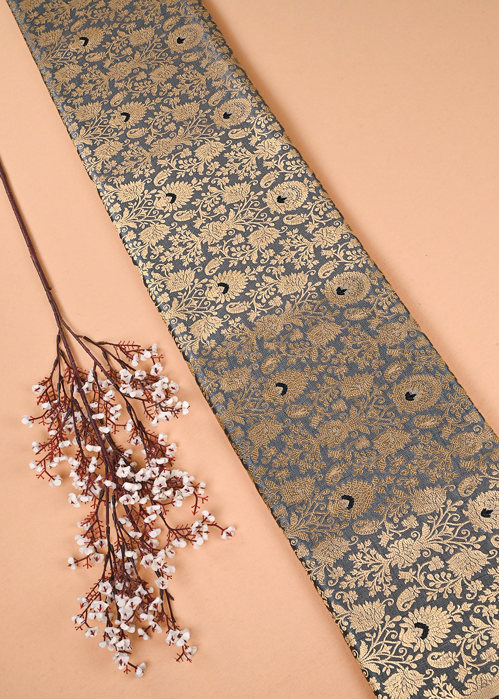 Grey Banarasi Brocade Fabric With All Over Golden Zari Handloom 23465