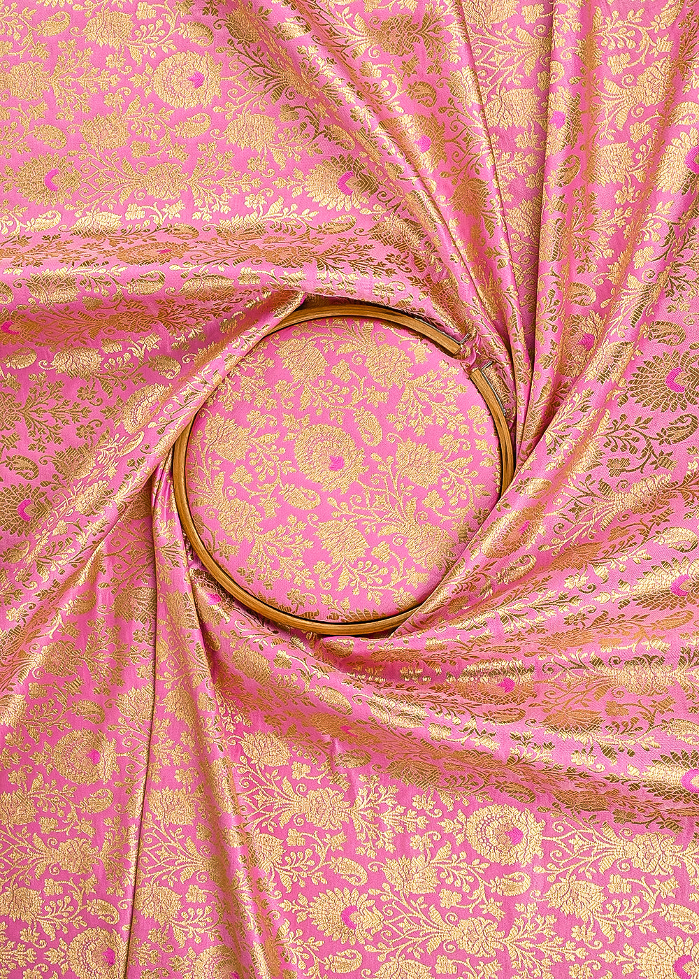 Light Pink Banarasi Brocade Fabric With All Over Golden Zari Handloom 23466