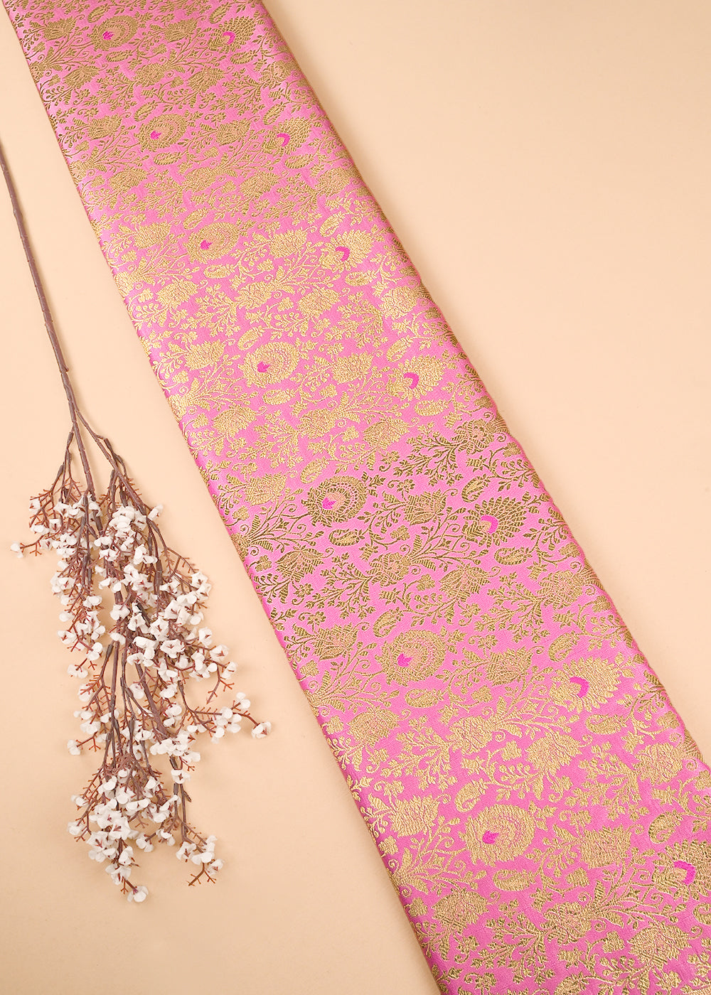 Light Pink Banarasi Brocade Fabric With All Over Golden Zari Handloom 23466