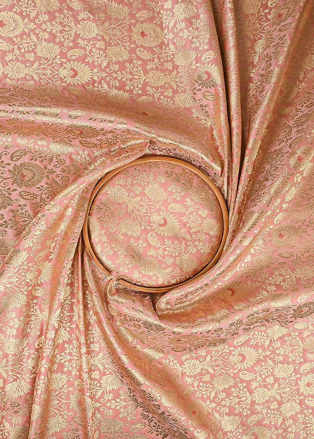 Peach Pink Banarasi Brocade Fabric With All Over Golden Zari Handloom 23467