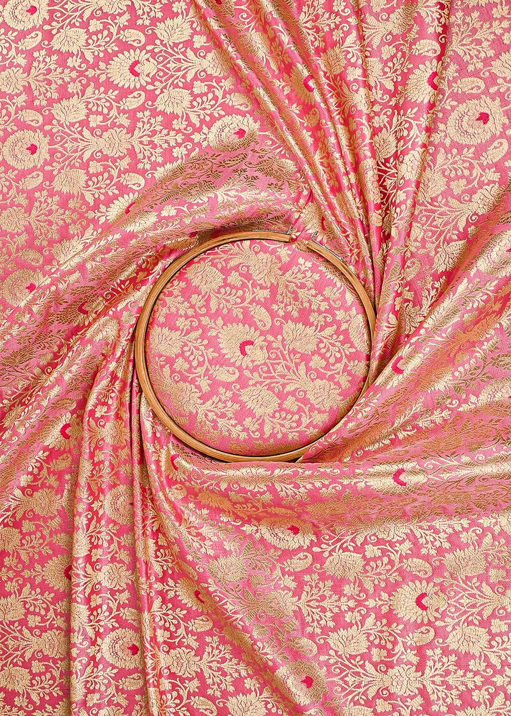Pink Banarasi Brocade Fabric With All Over Golden Zari Handloom 23468