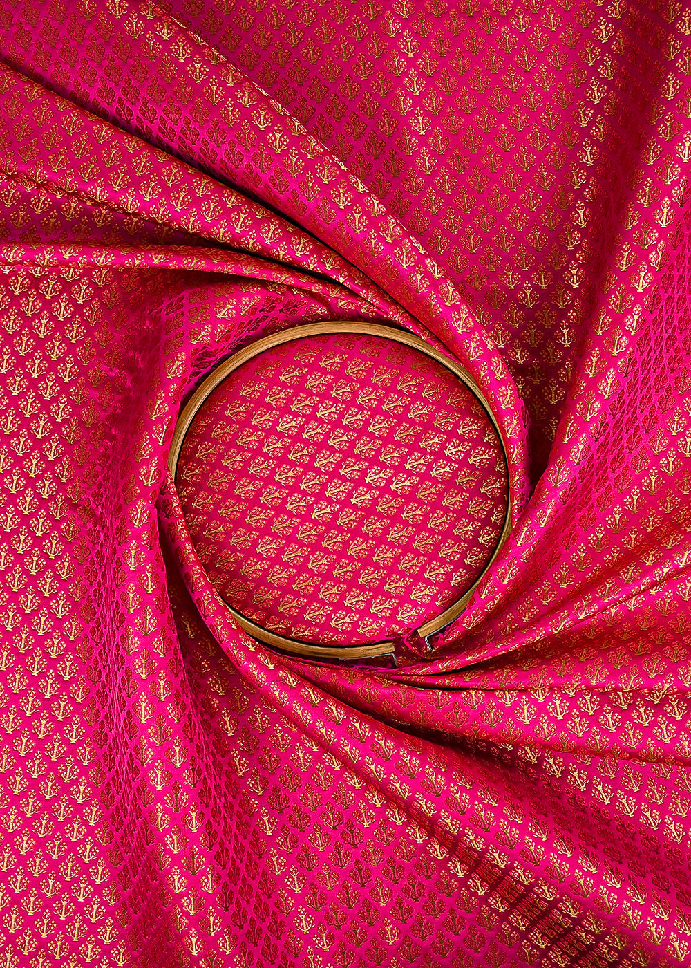 Rani Pink Banarasi Brocade Fabric With All Over Golden Zari Handloom 23471