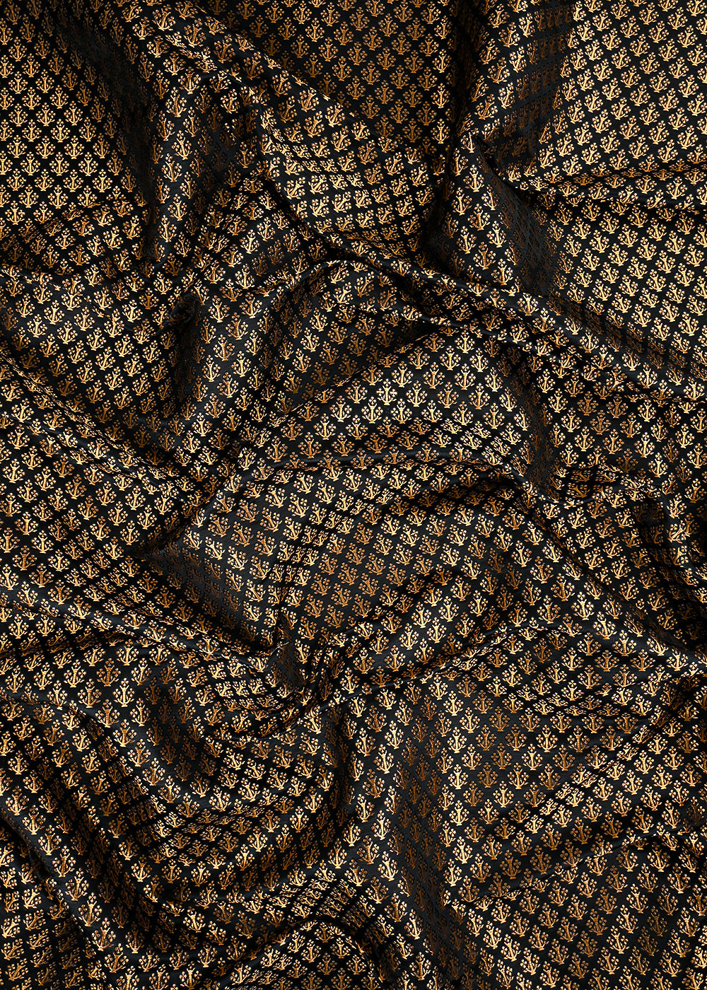 Black Banarasi Brocade Fabric With All Over Golden Zari Handloom 23472
