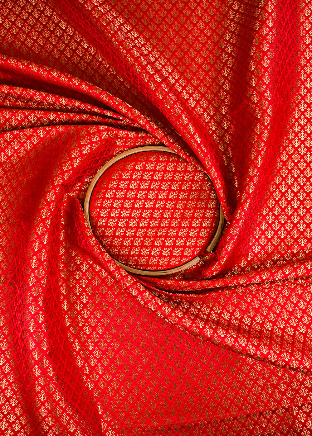 Red Banarasi Brocade Fabric With All Over Golden Zari Handloom 23475