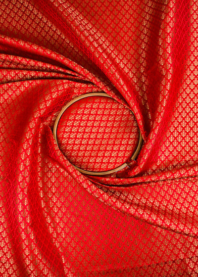 Red Banarasi Brocade Fabric With All Over Golden Zari Handloom 23475