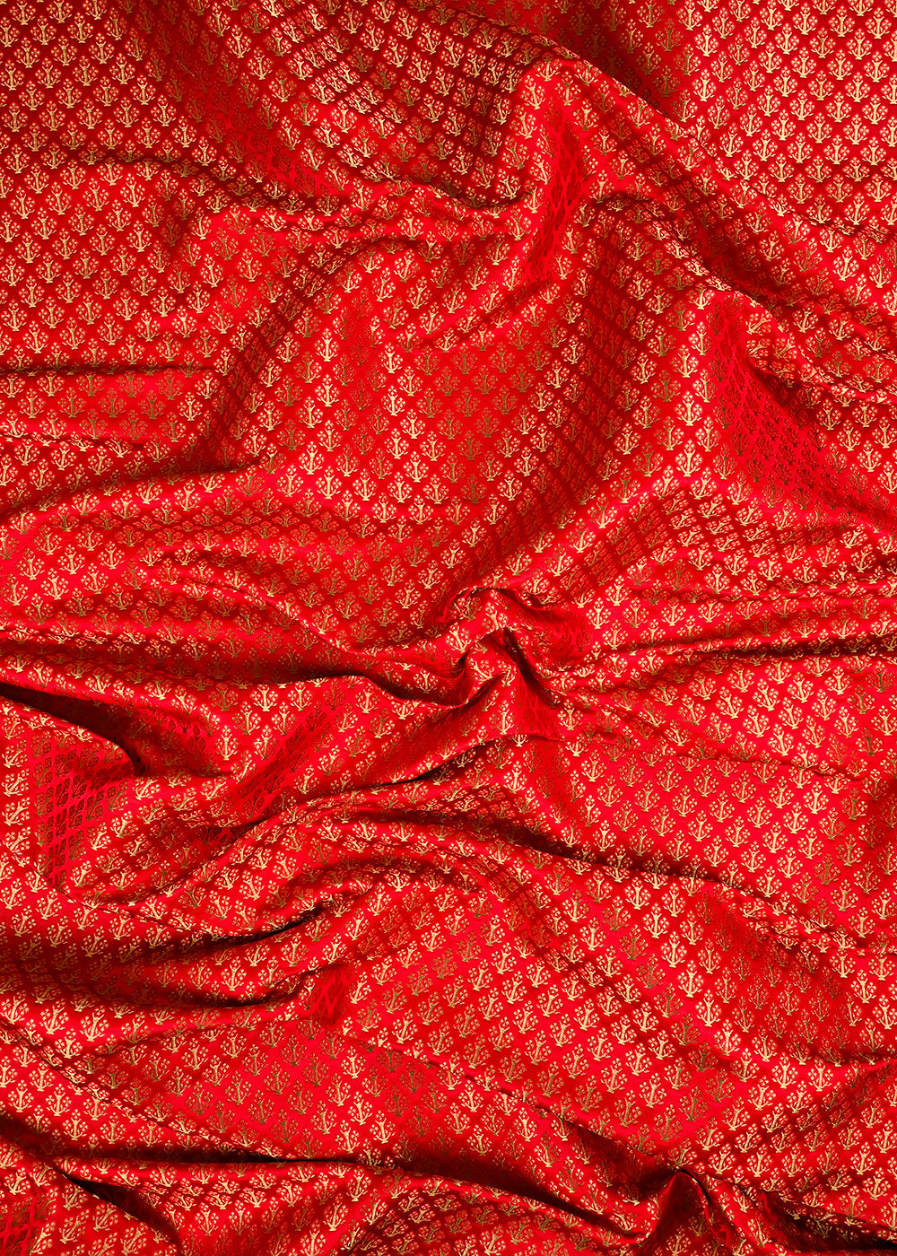 Red Banarasi Brocade Fabric With All Over Golden Zari Handloom 23475