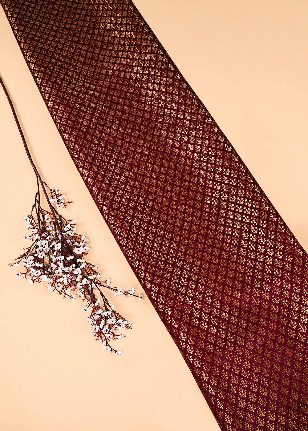 Wine Banarasi Brocade Fabric With All Over Golden Zari Handloom 23476