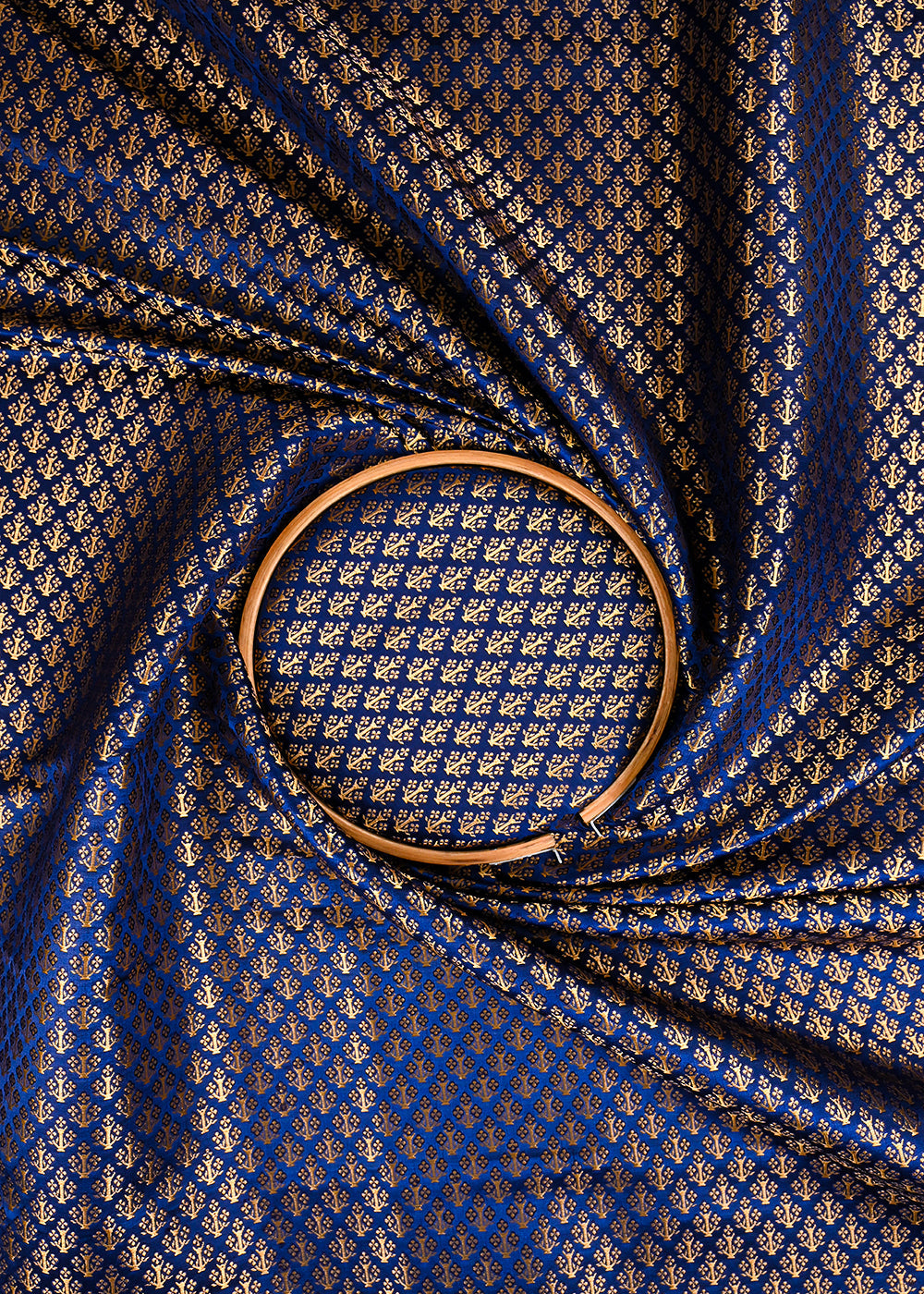 Navy Blue Banarasi Brocade Fabric With All Over Golden Zari Handloom 23477