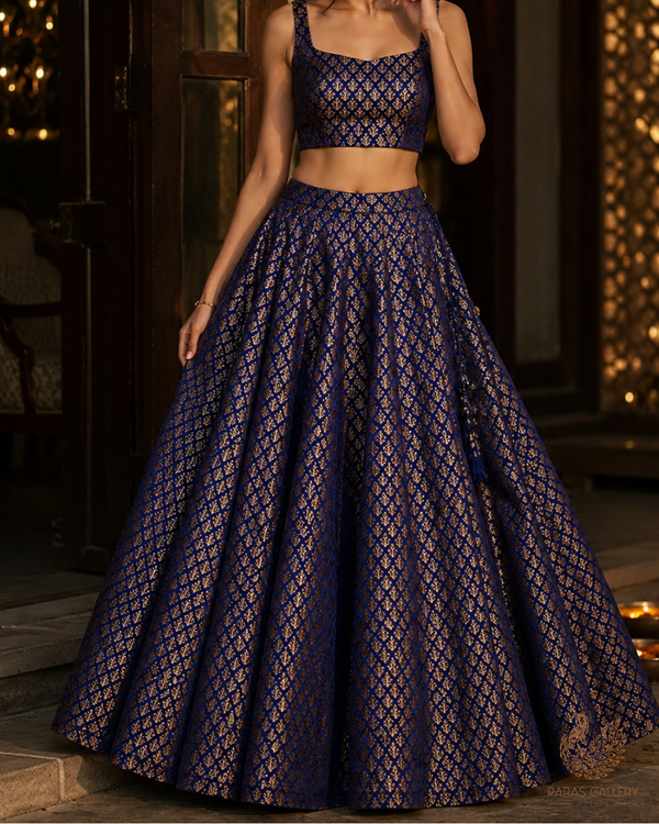 Navy Blue Banarasi Brocade Fabric With All Over Golden Zari Handloom 23477