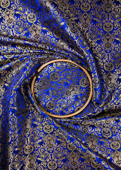 Royal Blue Banarasi Brocade Fabric With All Over Thread And Golden Zari Handloom 23478