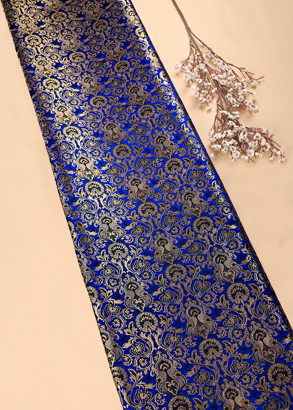 Royal Blue Banarasi Brocade Fabric With All Over Thered And Golden Zari Handloom 23478