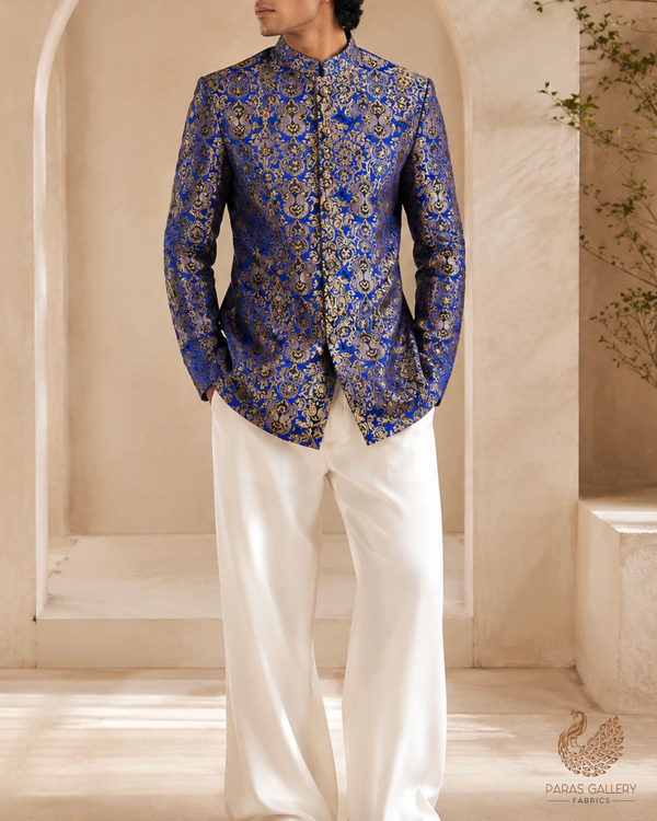 Royal Blue Banarasi Brocade Fabric With All Over Thread And Golden Zari Handloom 23478