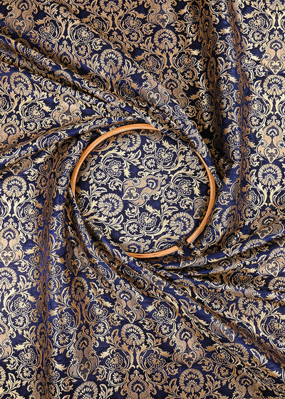 Navy Blue Banarasi Brocade Fabric With All Over Thread And Golden Zari Handloom 23479