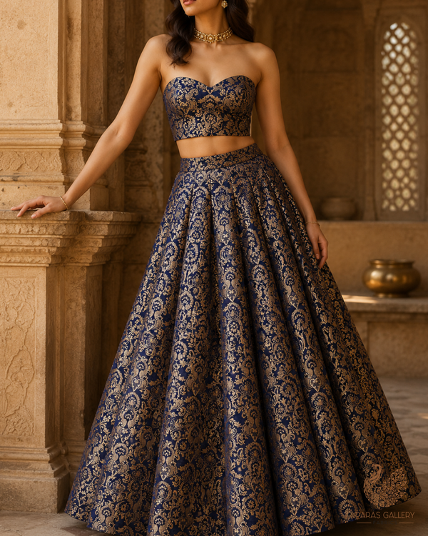Navy Blue Banarasi Brocade Fabric With All Over Thread And Golden Zari Handloom 23479