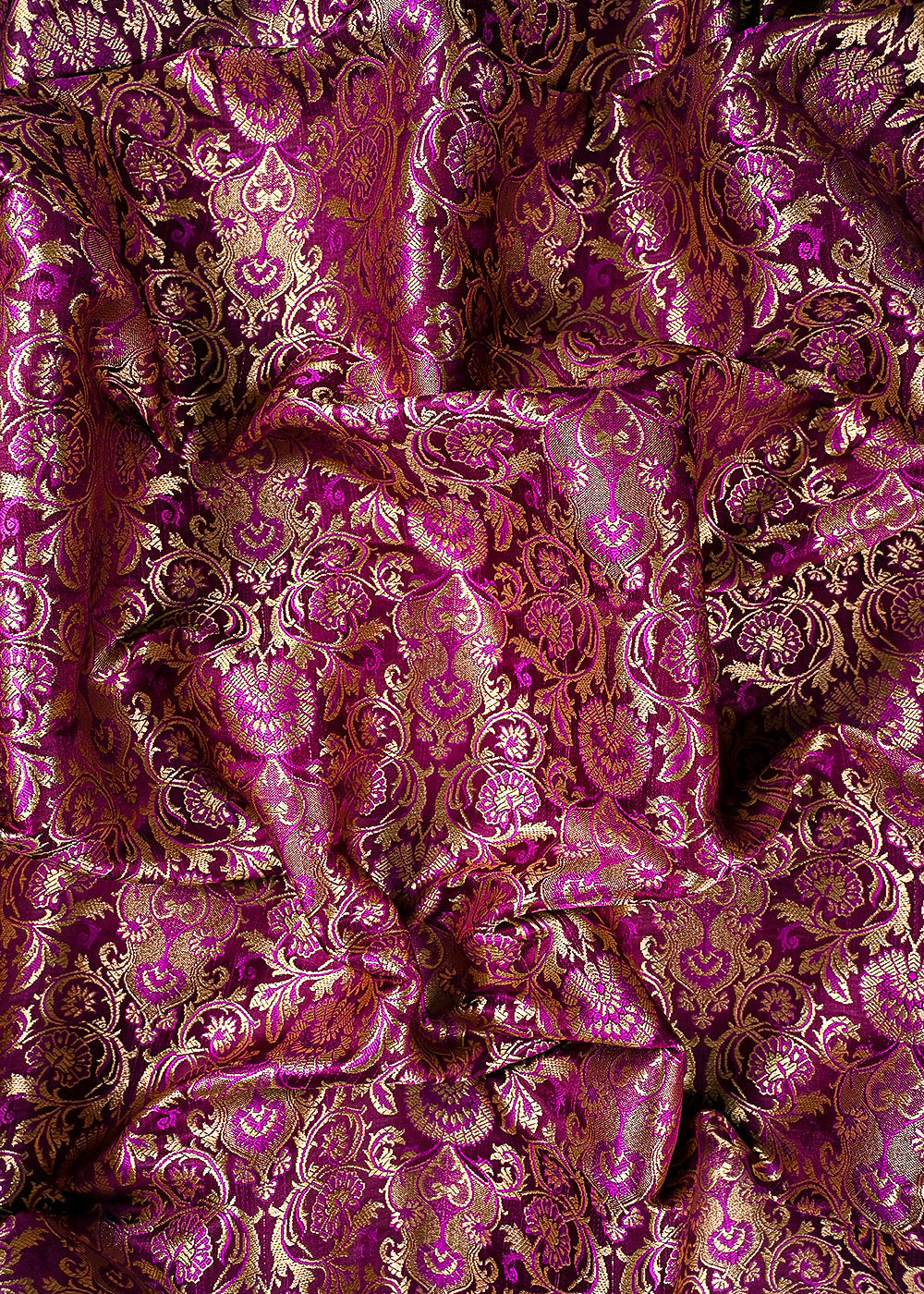 Purple Banarasi Brocade Fabric With All Over Thered And Golden Zari Handloom 23480