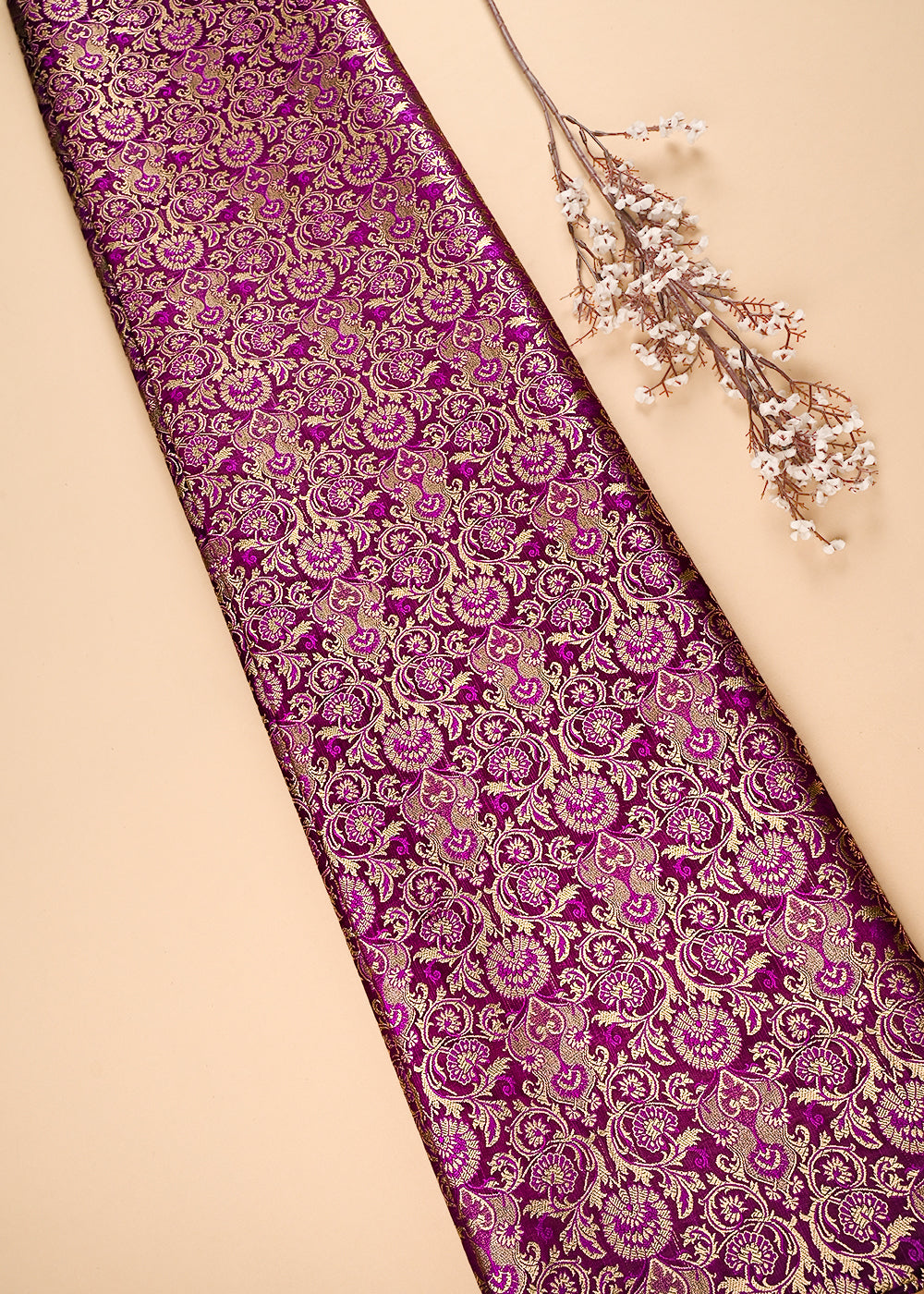Purple Banarasi Brocade Fabric With All Over Thered And Golden Zari Handloom 23480