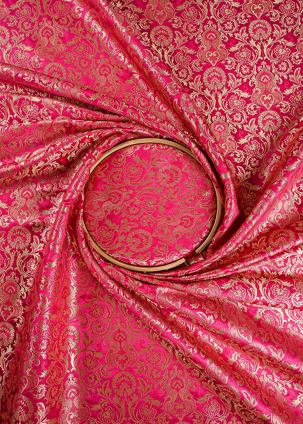 Rani Pink Banarasi Brocade Fabric With All Over Thered And Golden Zari Handloom 23481