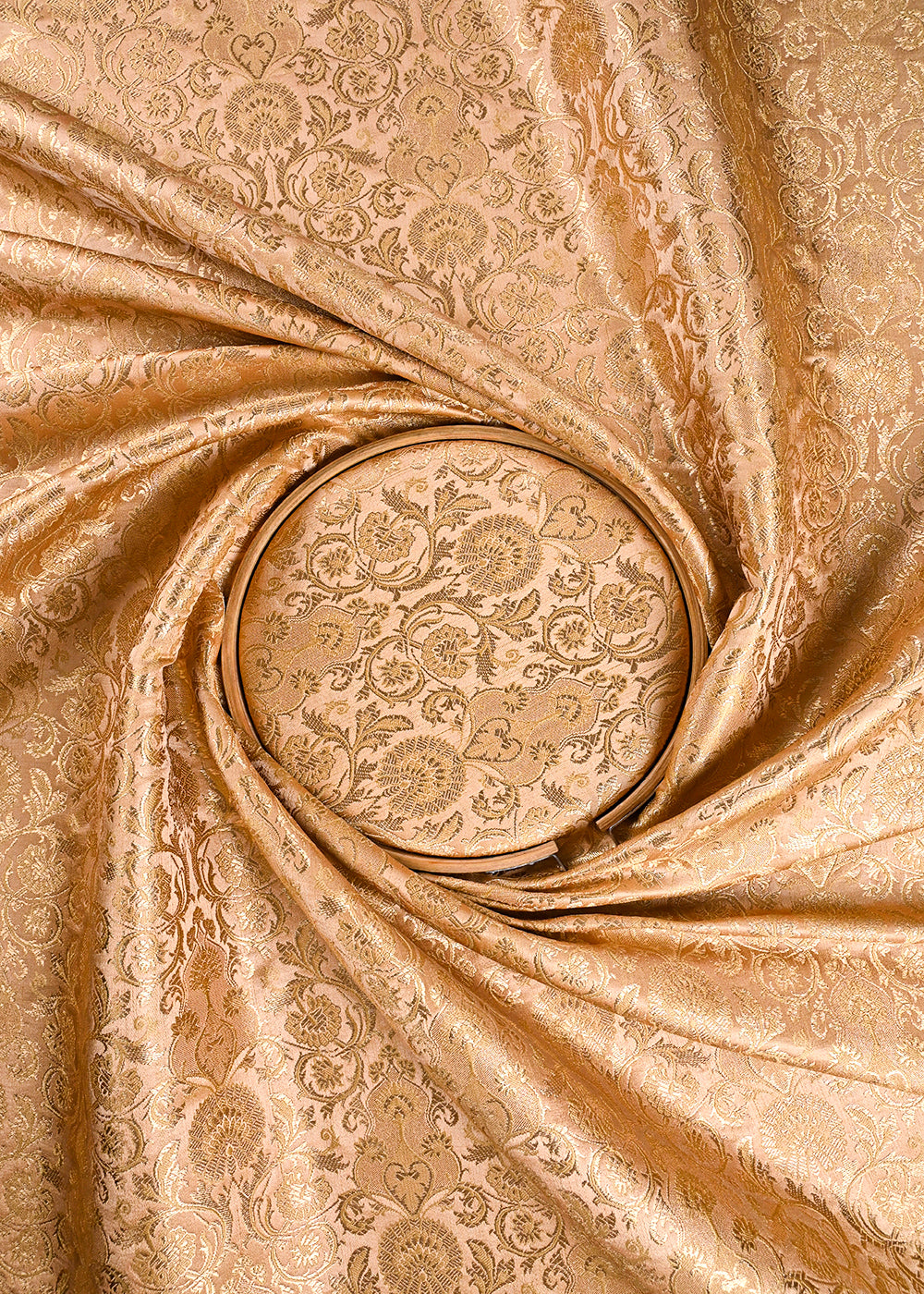 Golden Banarasi Brocade Fabric With All Over Thered And Golden Zari Handloom 23482