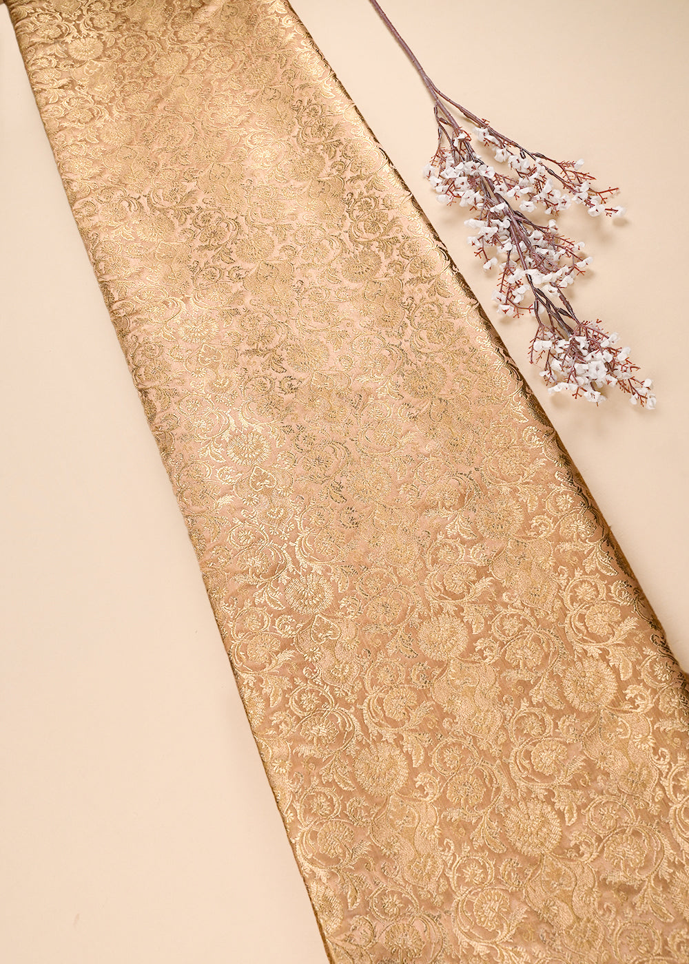 Golden Banarasi Brocade Fabric With All Over Thered And Golden Zari Handloom 23482