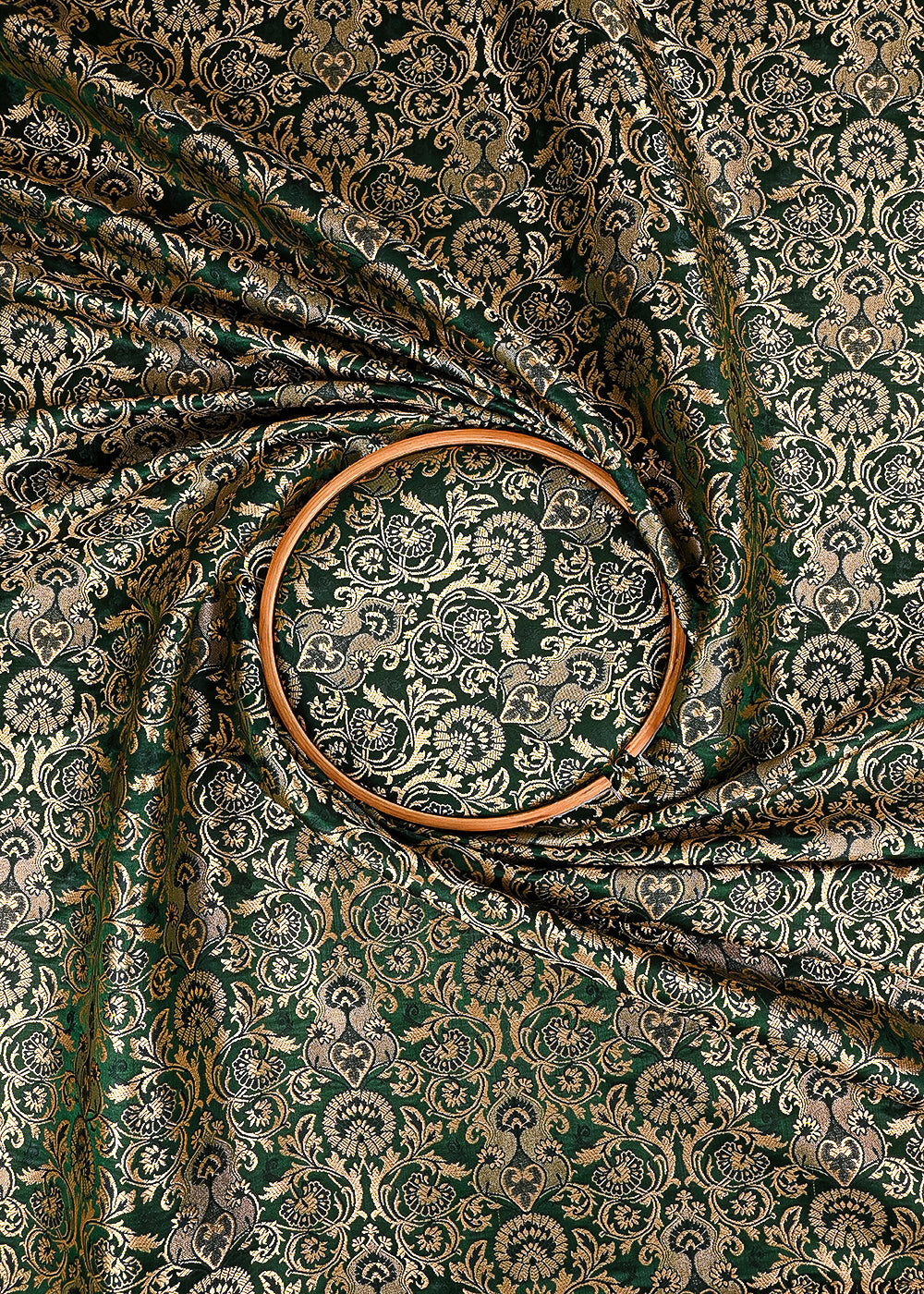 Bottle Green Banarasi Brocade Fabric With All Over Thered And  Golden Zari Handloom 23483