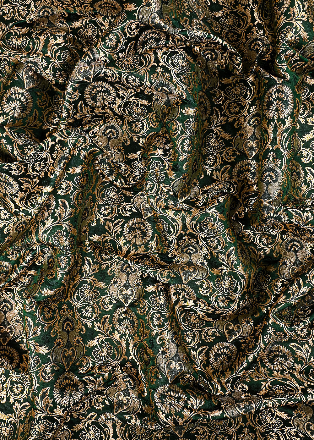 Bottle Green Banarasi Brocade Fabric With All Over Thered And  Golden Zari Handloom 23483