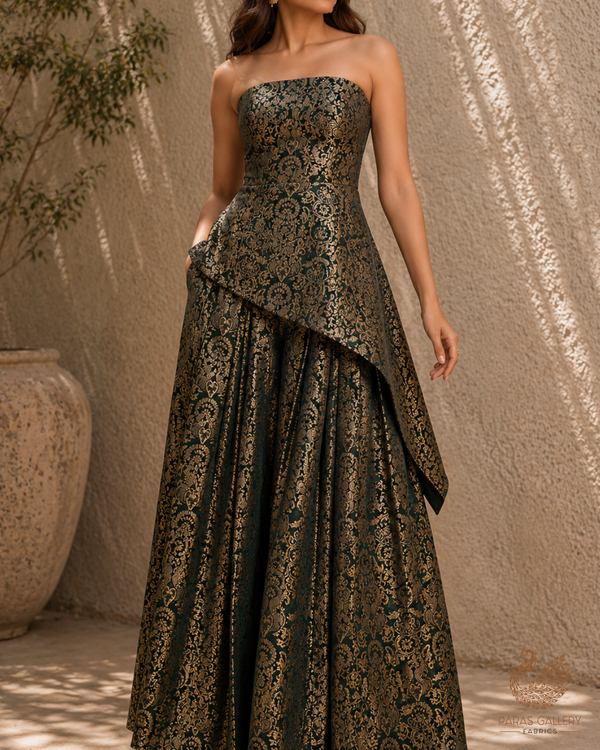 Bottle Green Banarasi Brocade Fabric With All Over Thread And Golden Zari Handloom 23483