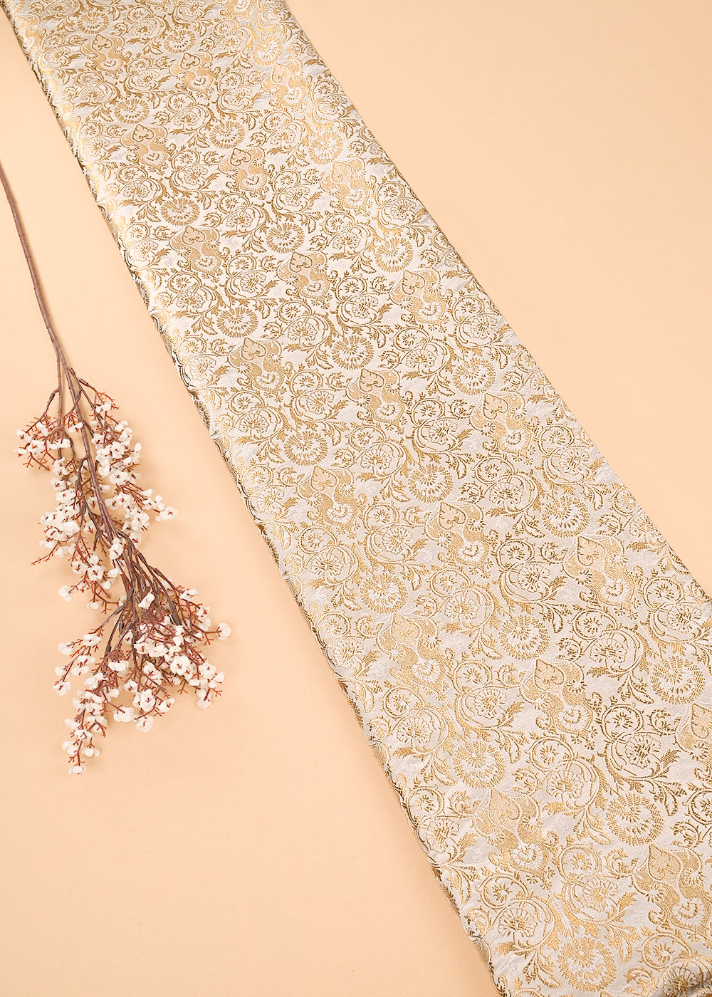 Cream Banarasi Brocade Fabric With All Over Thered And Golden Zari Handloom 23484